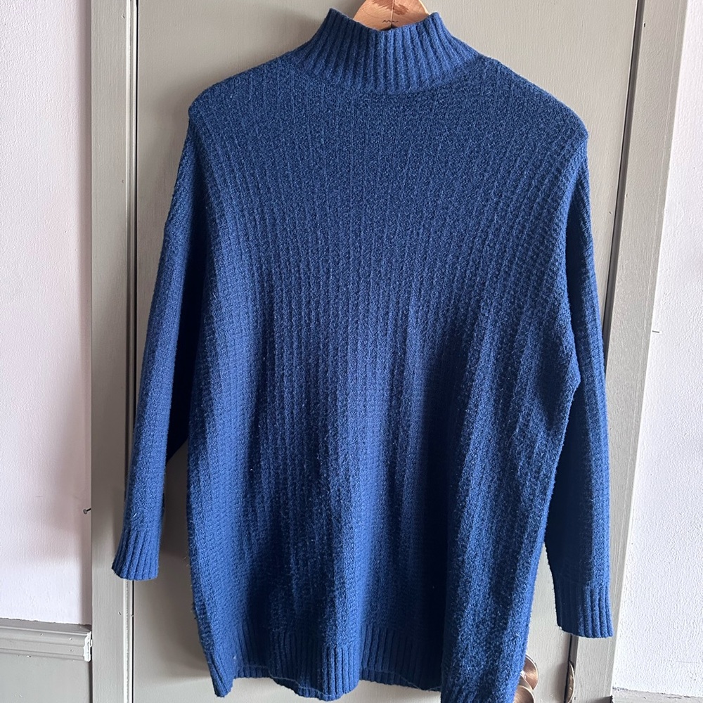 Basin + Range Navy Blue Wool Rib-Knit Mock Neck Sweater